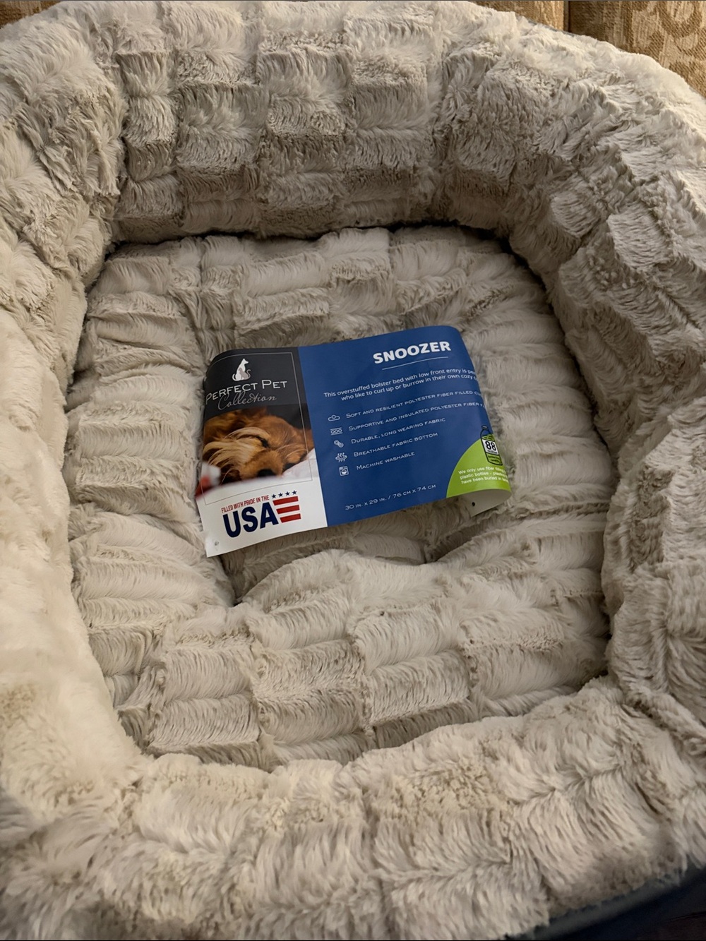 New Snoozer Luxury over~stuffed low entry bolster Med Dog Bed - Grey& Cream